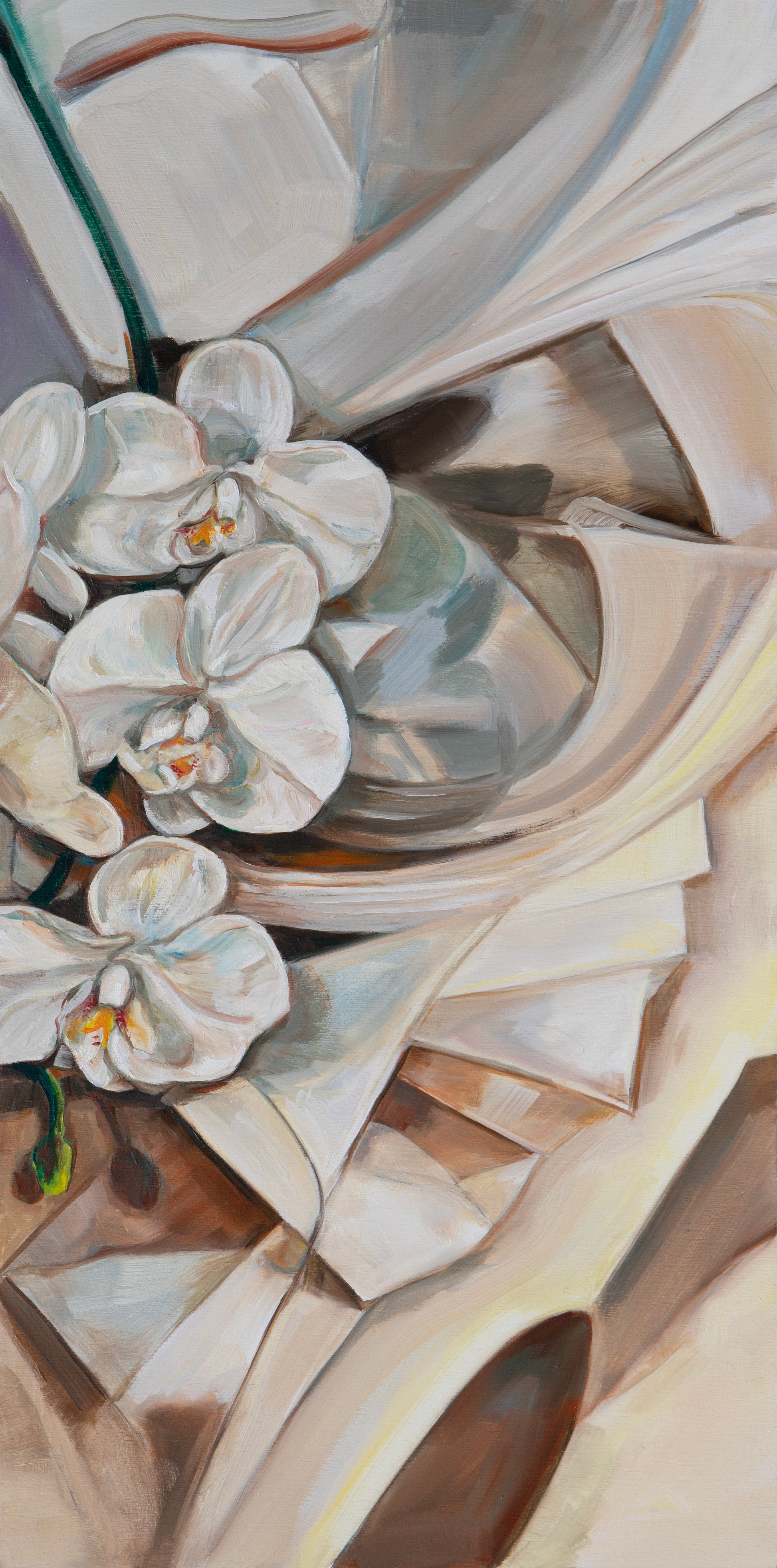 Abstract artwork with white flowers and geometric shapes, mid-century modern