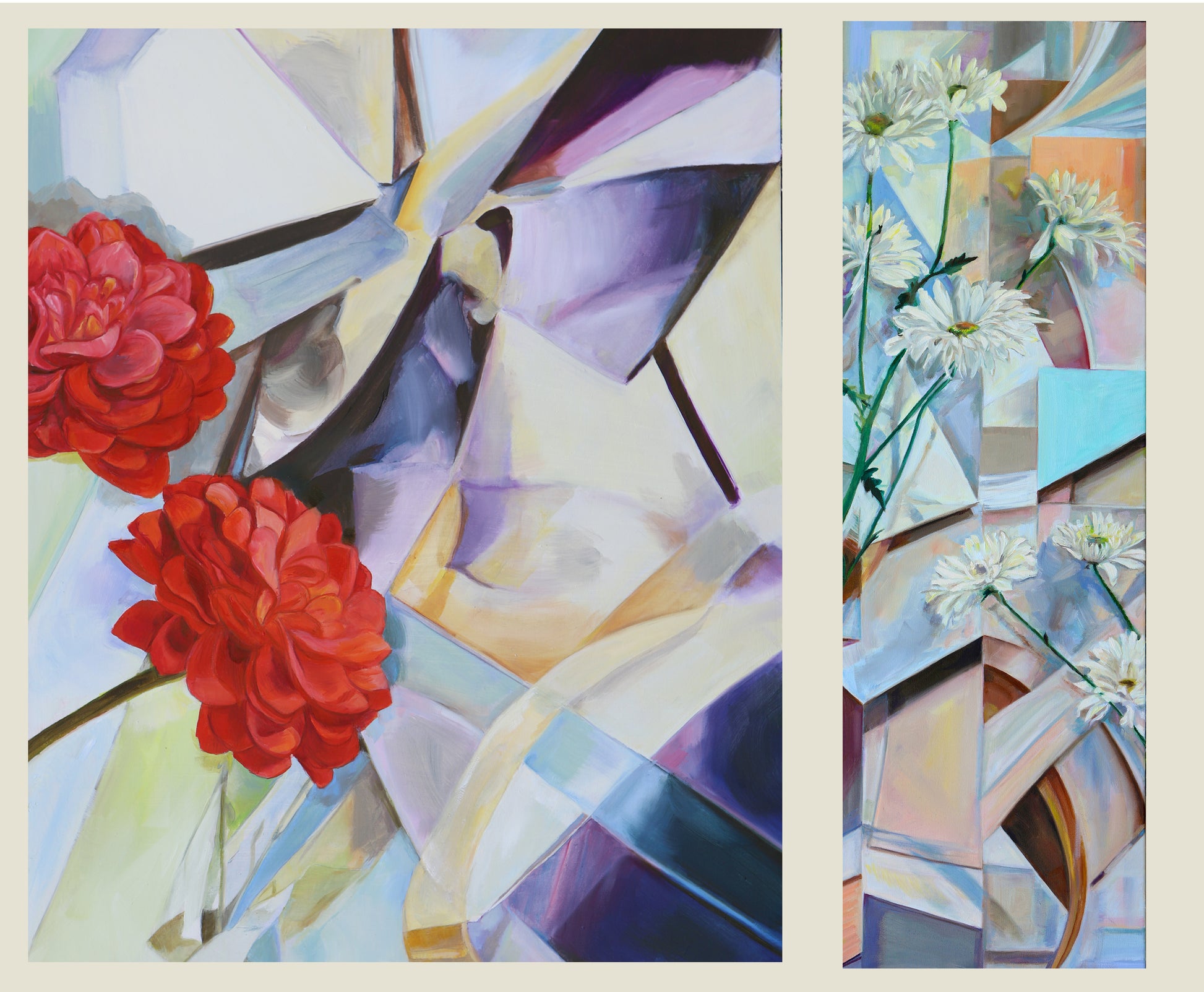 Two abstract artworks with floral elements on a white background by artist Michele Aitchison, Dream and Geo-Floral art print 