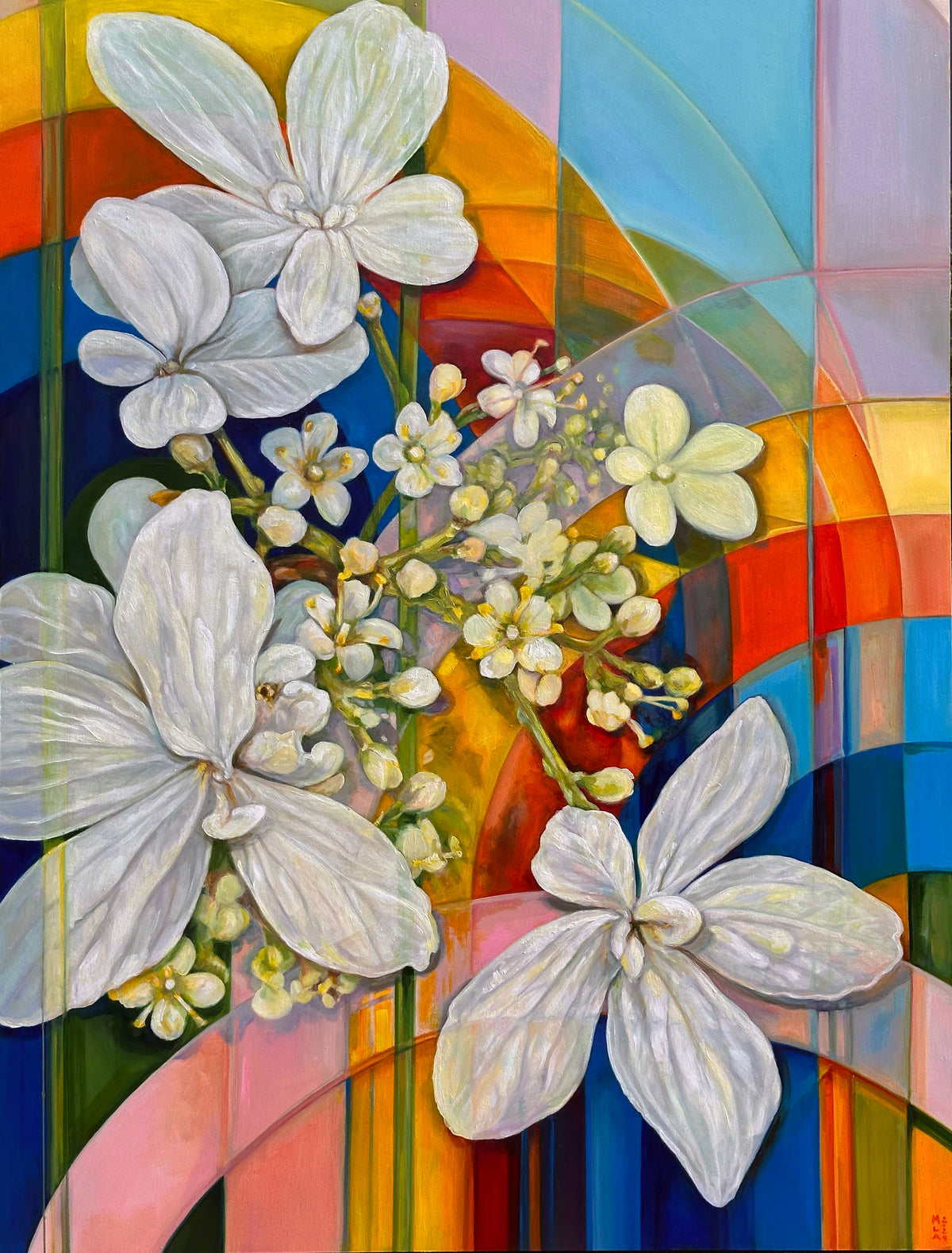 Colorful abstract design with white flowers, rainbow colors, mid-century modern