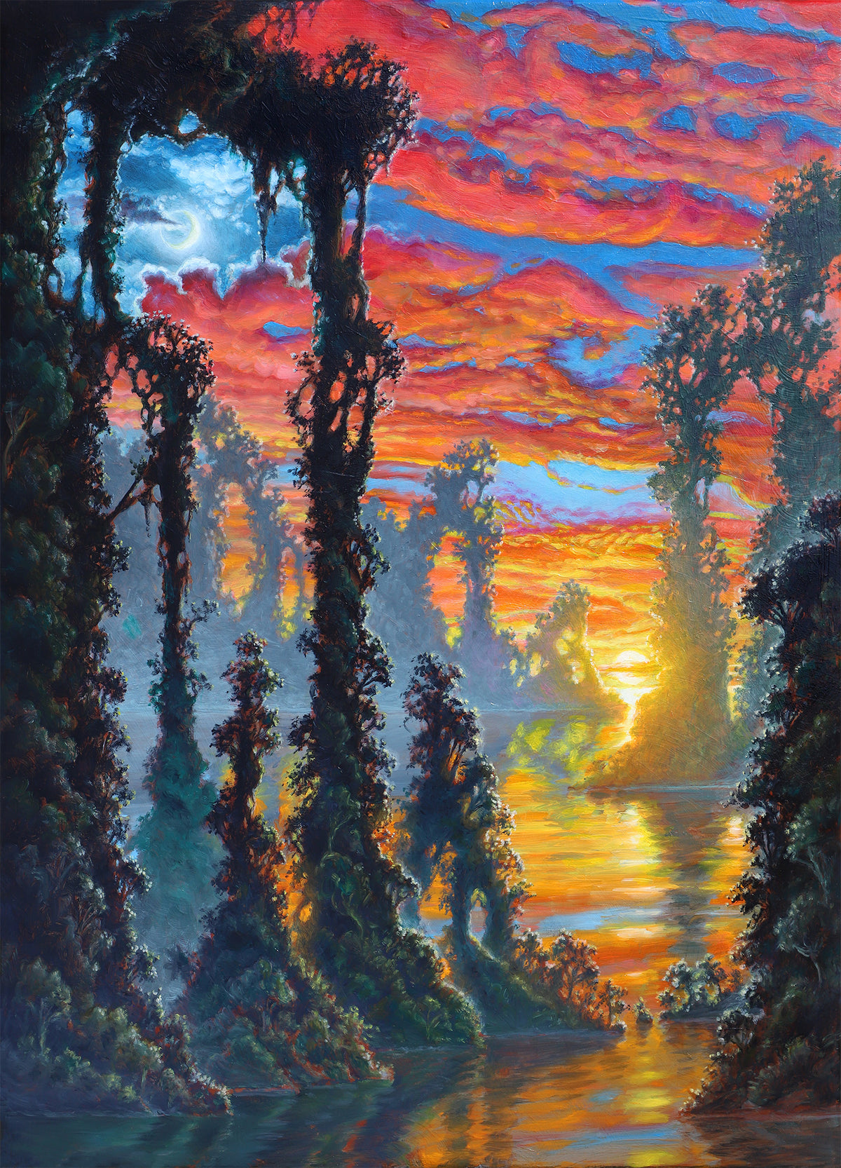 Futuristic landscape with tall, twisted trees and a vibrant sunset sky.