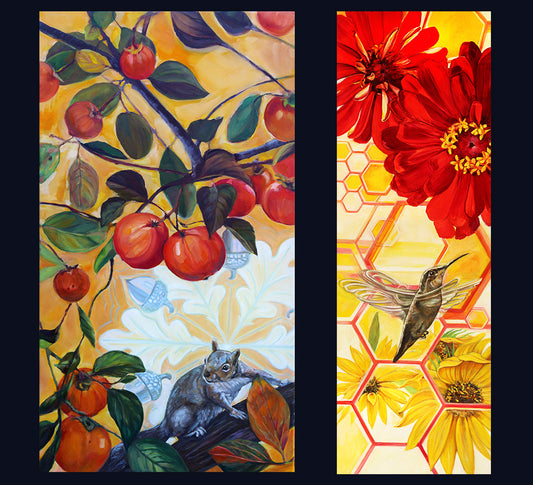 Two prints, nature, honeycombs, hummingbird, fruits, a squirrel, and flowers. Michele Aitchison| Gallery111