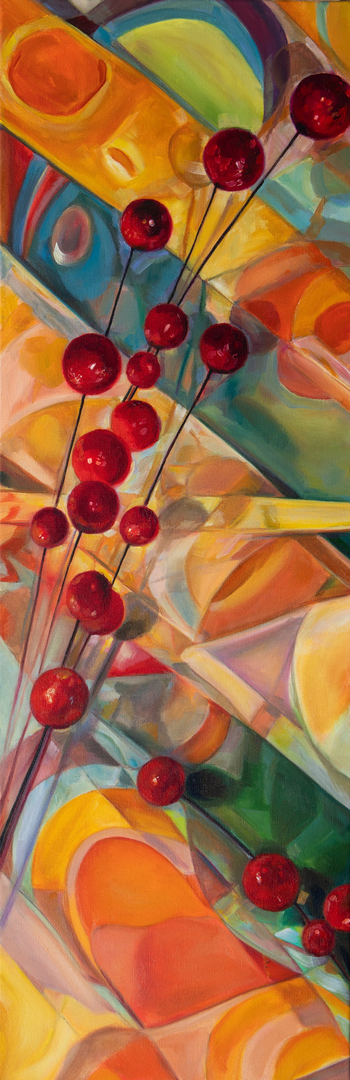 Abstract painting with red balls and colorful geometric shapes, mid-century modern