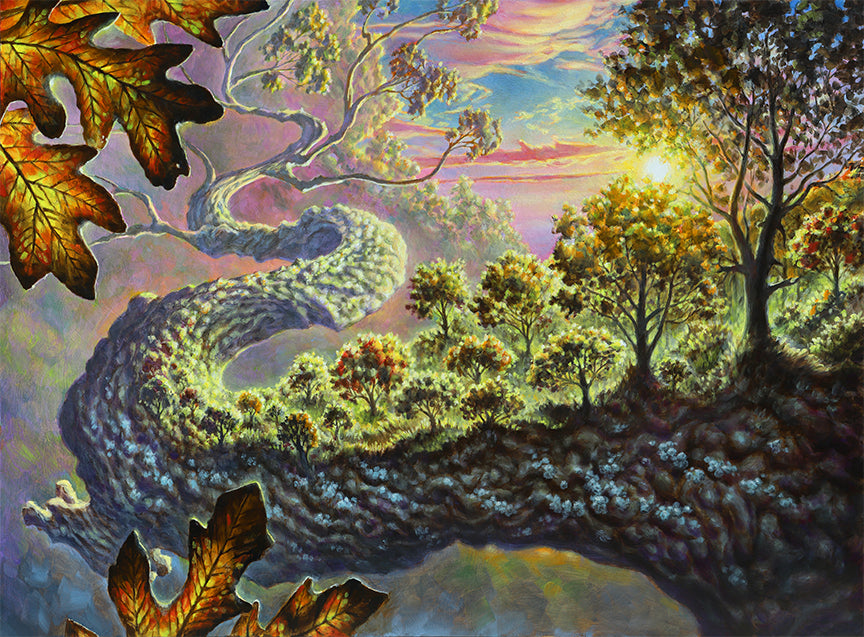 Oil painting of a branch with fractal trees emerging from its surface by Guy Aitchison
