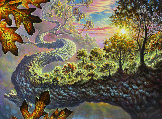 Oil painting of a branch with fractal trees emerging from its surface by Guy Aitchison