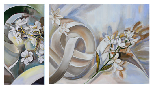 Two modern, minimal artworks featuring white flowers and ribbons on a neutral background, by Michele Aitchison|  Gallery 111