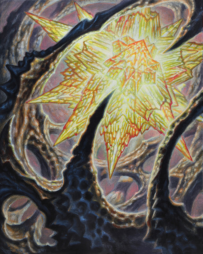 Oil painting of bio-organic roots surrounding a crystal star form by Guy Aitchison