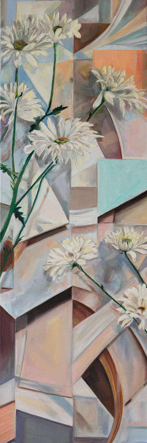Abstract artwork with white flowers and geometric shapes, mid century modern