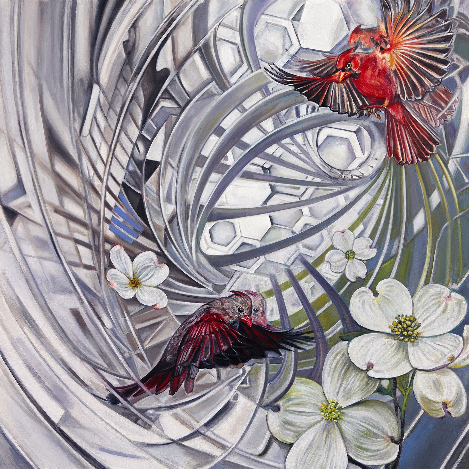 Oil painting of a cardinal pair amid spring flowers celebrating the shift into a new season by Michele Aitchison